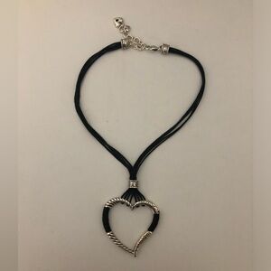 Brighton Black And Silver Heart Necklace Adjustable Black Cord Choker